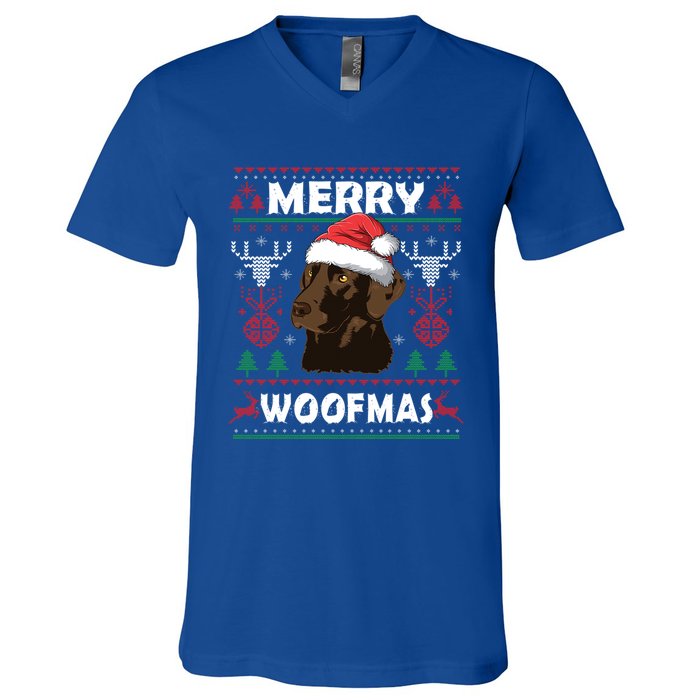 Merry Woofmas Chocolate Lab Santa Claus Dog Christmas Gift V-Neck T-Shirt