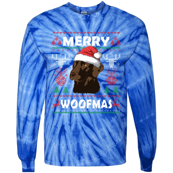 Merry Woofmas Chocolate Lab Santa Claus Dog Christmas Gift Tie-Dye Long Sleeve Shirt