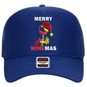 Merry Winemas Cute Grapes Santa Hat Wine Glass Christmas Gift High Crown Mesh Back Trucker Hat