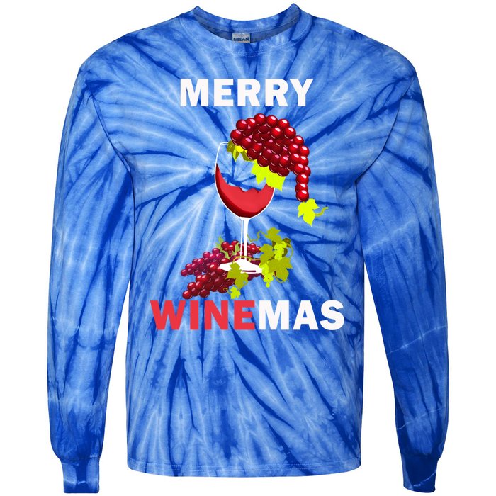 Merry Winemas Cute Grapes Santa Hat Wine Glass Christmas Gift Tie-Dye Long Sleeve Shirt