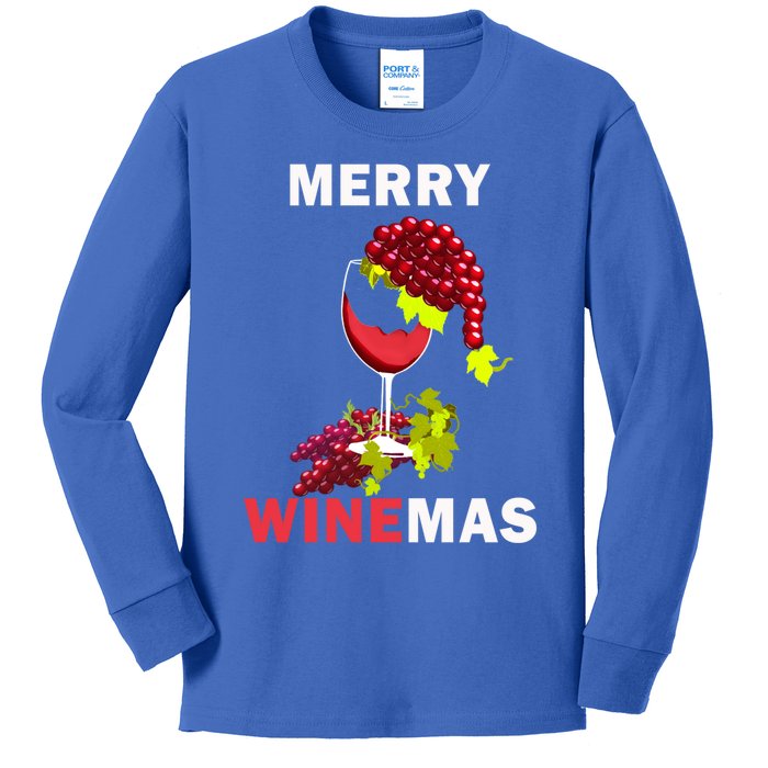 Merry Winemas Cute Grapes Santa Hat Wine Glass Christmas Gift Kids Long Sleeve Shirt