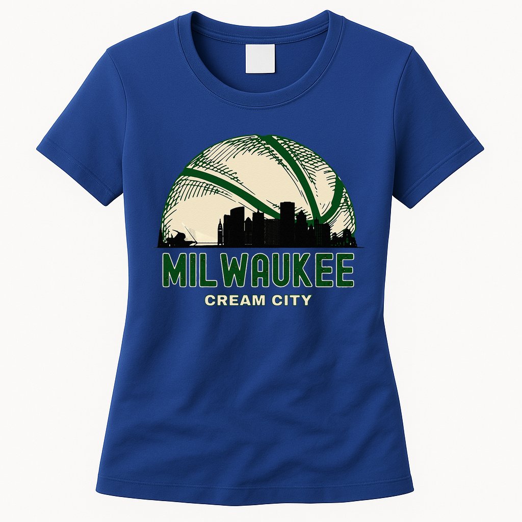 Milwaukee Wisconsin Cream City Skyline Retro Basketball Womens T-Shirt
