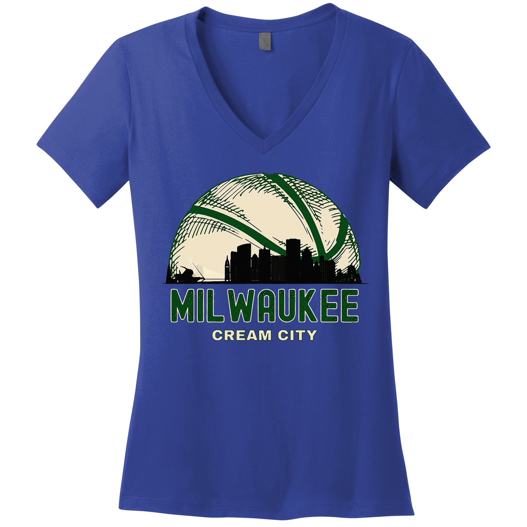 Milwaukee Wisconsin Cream City Skyline Retro Basketball Women's V-Neck T-Shirt