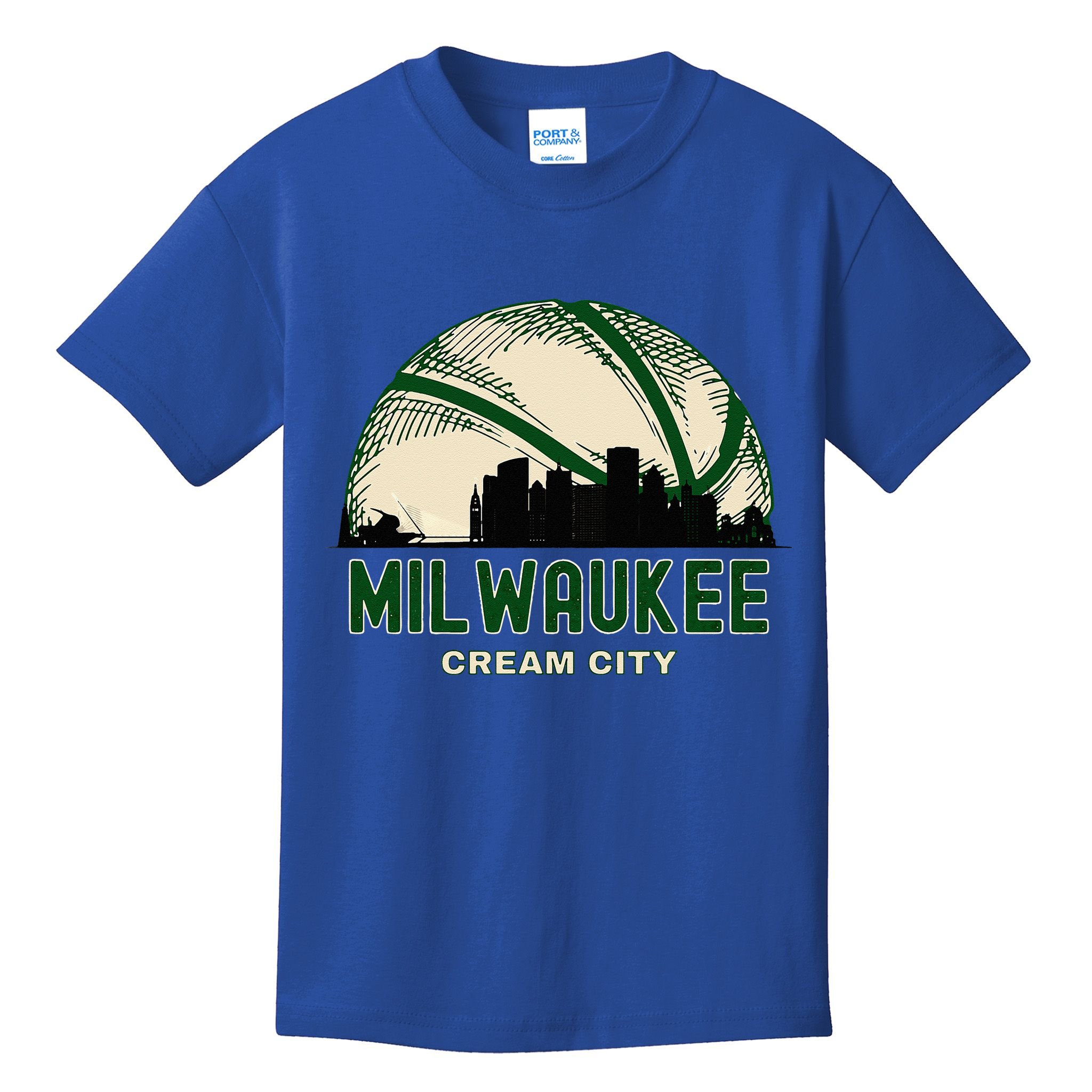 Milwaukee Wisconsin Cream City Skyline Retro Basketball Kids T-Shirt