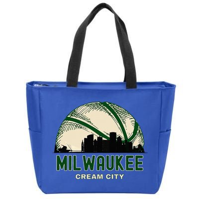 Milwaukee Wisconsin Cream City Skyline Retro Basketball Zip Tote Bag