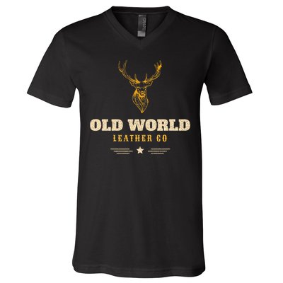 Monster Whitetail Deer Old World Leather V-Neck T-Shirt