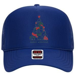 Merry Woofmas Funny Dogs Christmas Tree Xmas Gift High Crown Mesh Back Trucker Hat