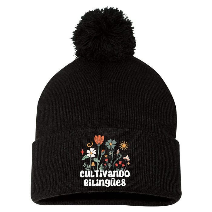 Maestra Wild Flowers Cultivando Bilingues Spanish Teacher Pom Pom 12in Knit Beanie