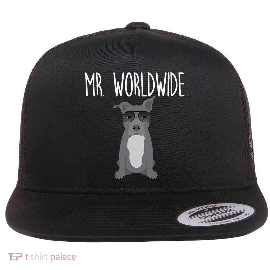 Mr. Worldwide Funny Pitbull Flat Bill Trucker Hat
