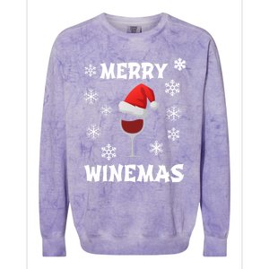 Merry Winemas Funny Christmas Wine Lover Santa Hat Xmas Snow Gift Colorblast Crewneck Sweatshirt