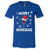 Merry Winemas Funny Christmas Wine Lover Santa Hat Xmas Snow Gift V-Neck T-Shirt