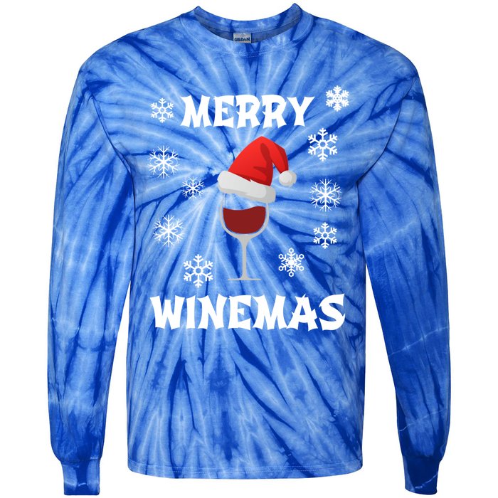 Merry Winemas Funny Christmas Wine Lover Santa Hat Xmas Snow Gift Tie-Dye Long Sleeve Shirt