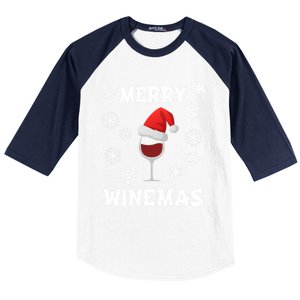 Merry Winemas Funny Christmas Wine Lover Santa Hat Xmas Snow Gift Baseball Sleeve Shirt