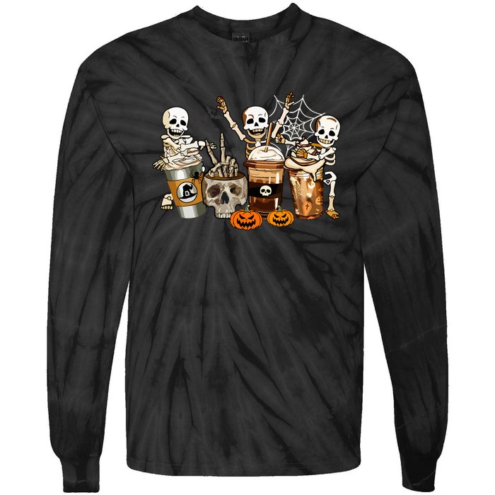 Men Womens Funny Skeleton Horror Coffee Halloween Costumes Gift Tie-Dye Long Sleeve Shirt