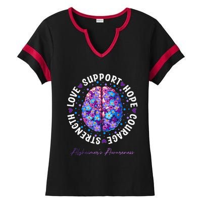 Motivational Words Floral Brain Ribbon AlzheimerS Awareness Ladies Halftime Notch Neck Tee