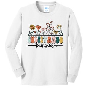 Maestra Wild Flowers Cultivando Bilingues Spanish Teacher Kids Long Sleeve Shirt