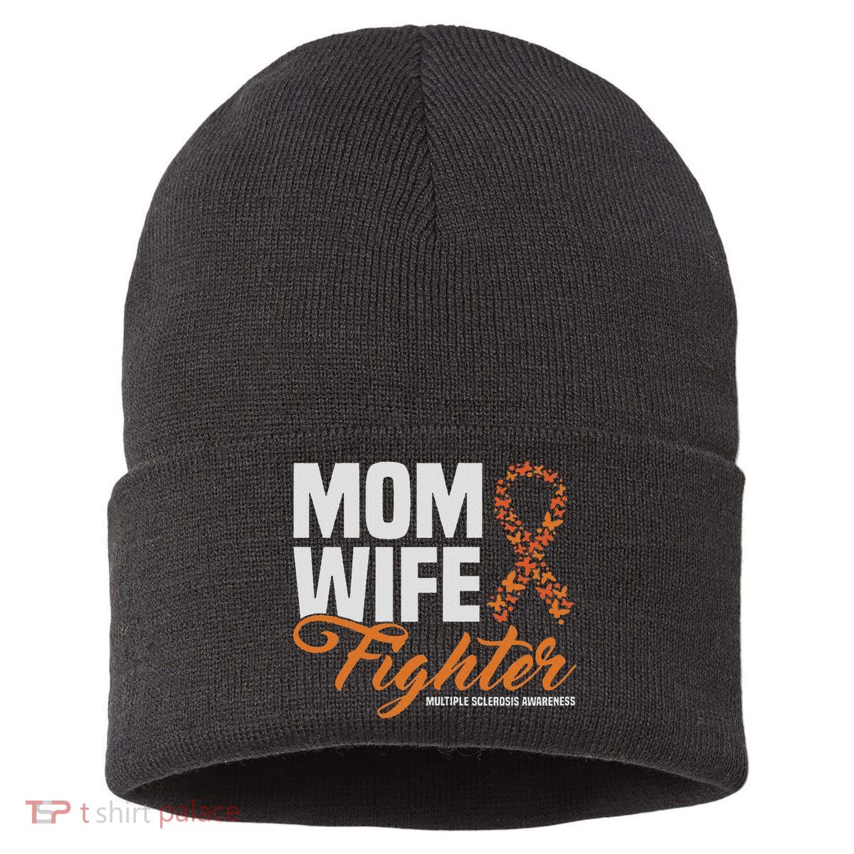 Mom Wife Fighter Orange Ribbon Multiple Sclerosis Awareness Sustainable Knit Beanie