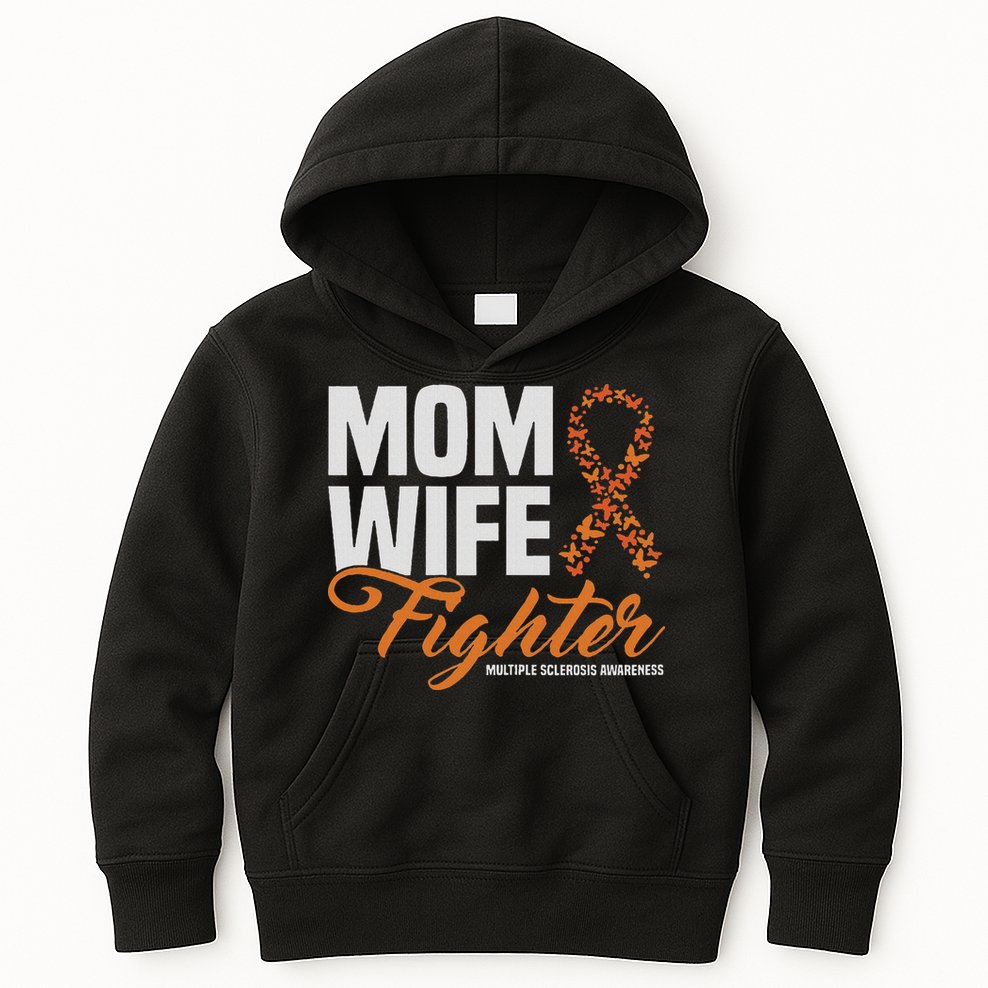 Mom Wife Fighter Orange Ribbon Multiple Sclerosis Awareness Kids Hoodie