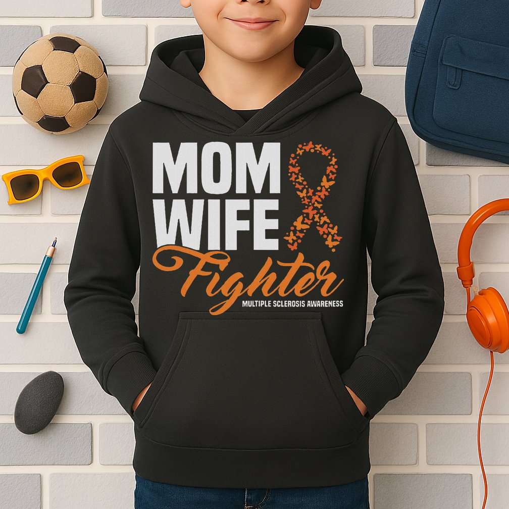 Mom Wife Fighter Orange Ribbon Multiple Sclerosis Awareness Kids Hoodie