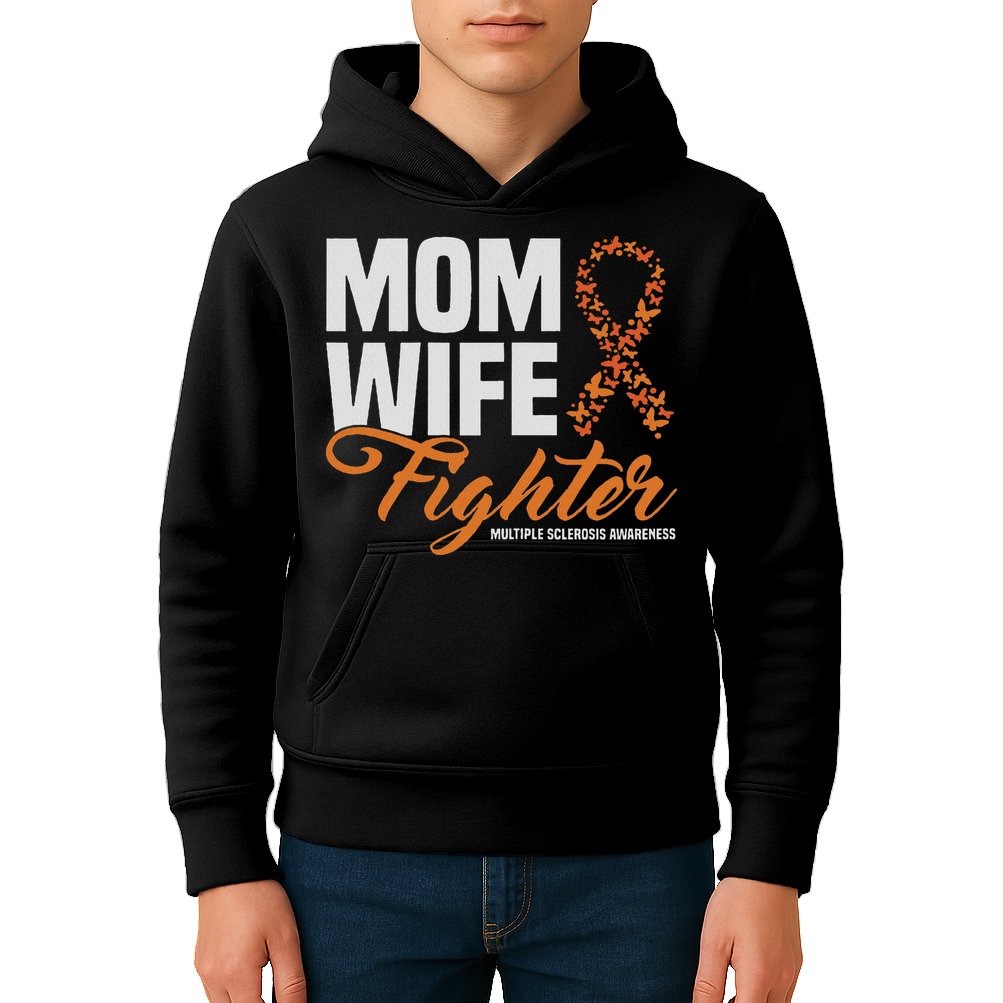 Mom Wife Fighter Orange Ribbon Multiple Sclerosis Awareness Kids Hoodie