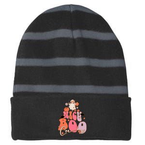 Men Women Groovy Ghost Nicu Boo Crew Halloween Cute Boo Gift Striped Beanie with Solid Band