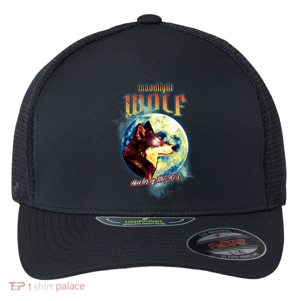 Moonlight Wolf Howler Of The 90s Flexfit Unipanel Trucker Cap