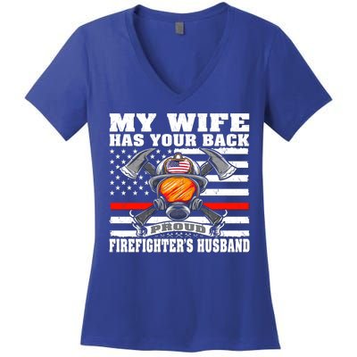 My Wife Has Your Back Proud Firefighter Husband Spouse Gift Cute Gift Women's V-Neck T-Shirt