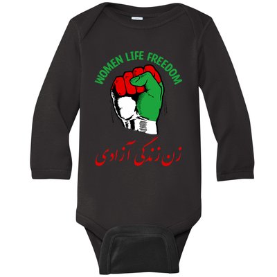 Mahsa, WOMEN LIFE FREEDOM, Cute Iranian Flag Fist Of Iranian Baby Long Sleeve Bodysuit