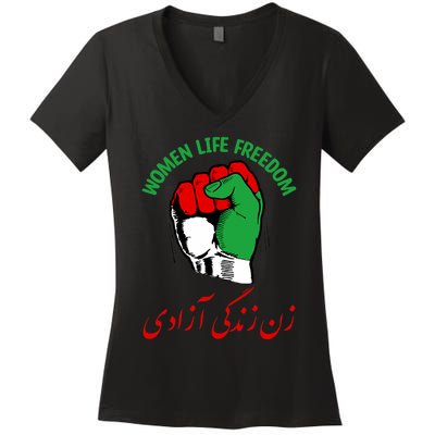 Mahsa, WOMEN LIFE FREEDOM, Cute Iranian Flag Fist Of Iranian Women's V-Neck T-Shirt