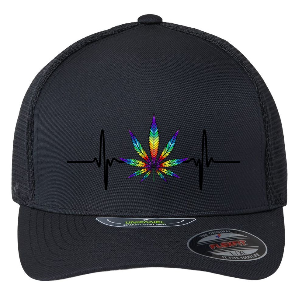Marijuana Weed Leaf Heartbeat Flexfit Unipanel Trucker Cap