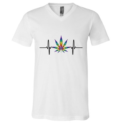 Marijuana Weed Leaf Heartbeat V-Neck T-Shirt