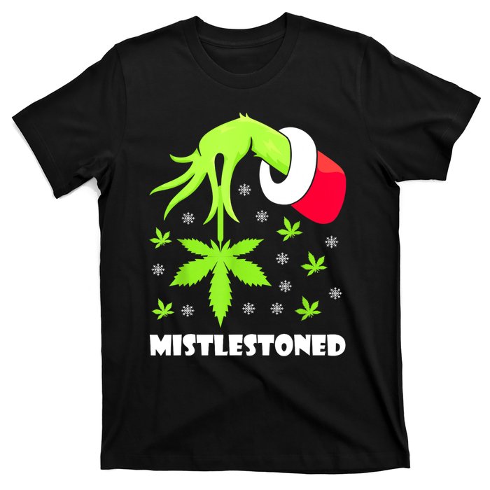 Mistlestoned Weed Leaf Cannabis Marijuana Ugly Christmas T-Shirt