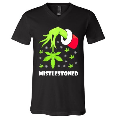 Mistlestoned Weed Leaf Cannabis Marijuana Ugly Christmas V-Neck T-Shirt