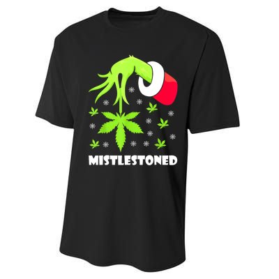 Mistlestoned Weed Leaf Cannabis Marijuana Ugly Christmas Performance Sprint T-Shirt