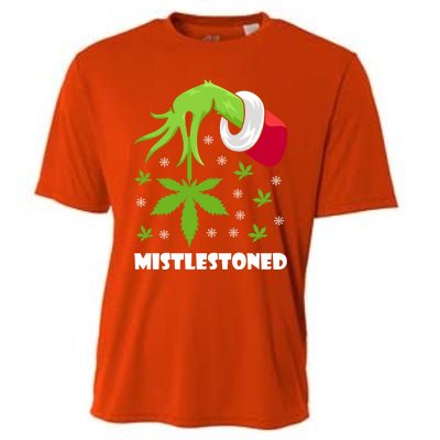 Mistlestoned Weed Leaf Cannabis And Marijuana Ugly Christmas Cool Gift Cooling Performance Crew T-Shirt