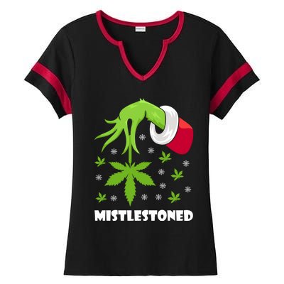 Mistlestoned Weed Leaf Cannabis And Marijuana Ugly Christmas Cool Gift Ladies Halftime Notch Neck Tee