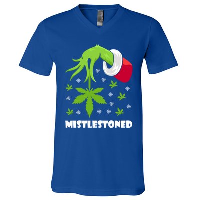 Mistlestoned Weed Leaf Cannabis And Marijuana Ugly Christmas Cool Gift V-Neck T-Shirt