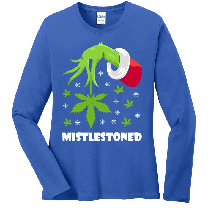 Mistlestoned Weed Leaf Cannabis And Marijuana Ugly Christmas Cool Gift Ladies Long Sleeve Shirt