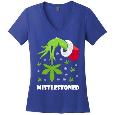 Mistlestoned Weed Leaf Cannabis And Marijuana Ugly Christmas Cool Gift Women's V-Neck T-Shirt