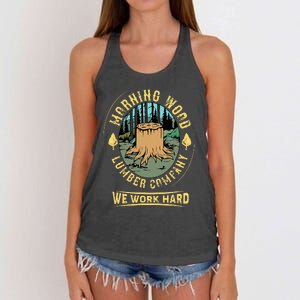 Morning W.O.O.D Lumber Company Funny Camping Carpenter Women's Knotted Racerback Tank