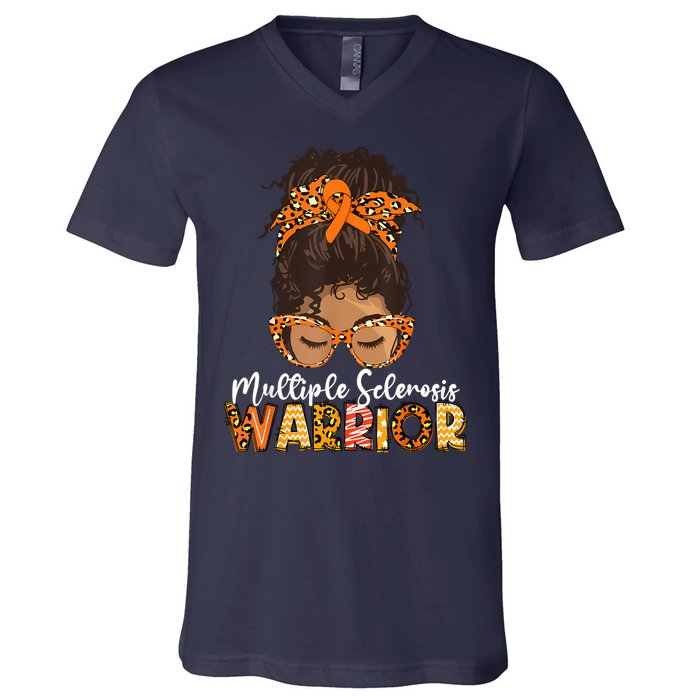  MS Warrior Messy Bun - Multiple Sclerosis Awareness V-Neck T-Shirt