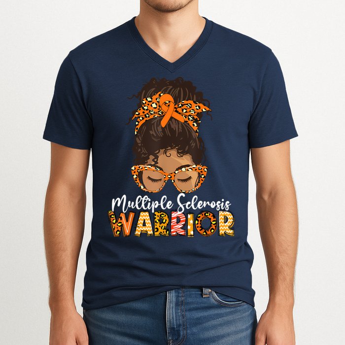 MS Warrior Messy Bun - Multiple Sclerosis Awareness V-Neck T-Shirt