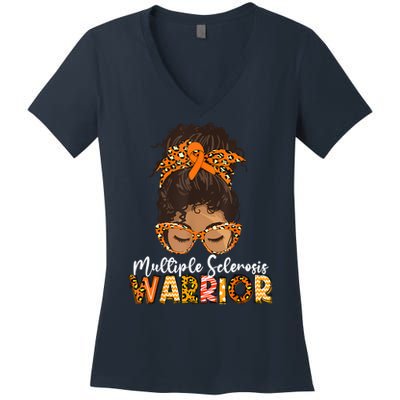  MS Warrior Messy Bun - Multiple Sclerosis Awareness Women's V-Neck T-Shirt