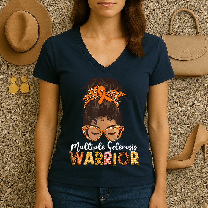  MS Warrior Messy Bun - Multiple Sclerosis Awareness Women's V-Neck T-Shirt