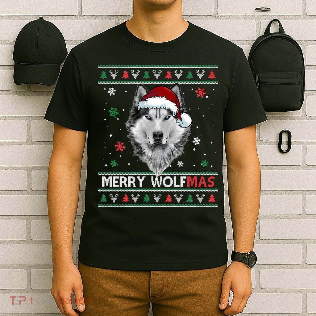 Merry Wolfmas Merry Christmas Wolf Ugly Sweater Funny Xmas T-Shirt