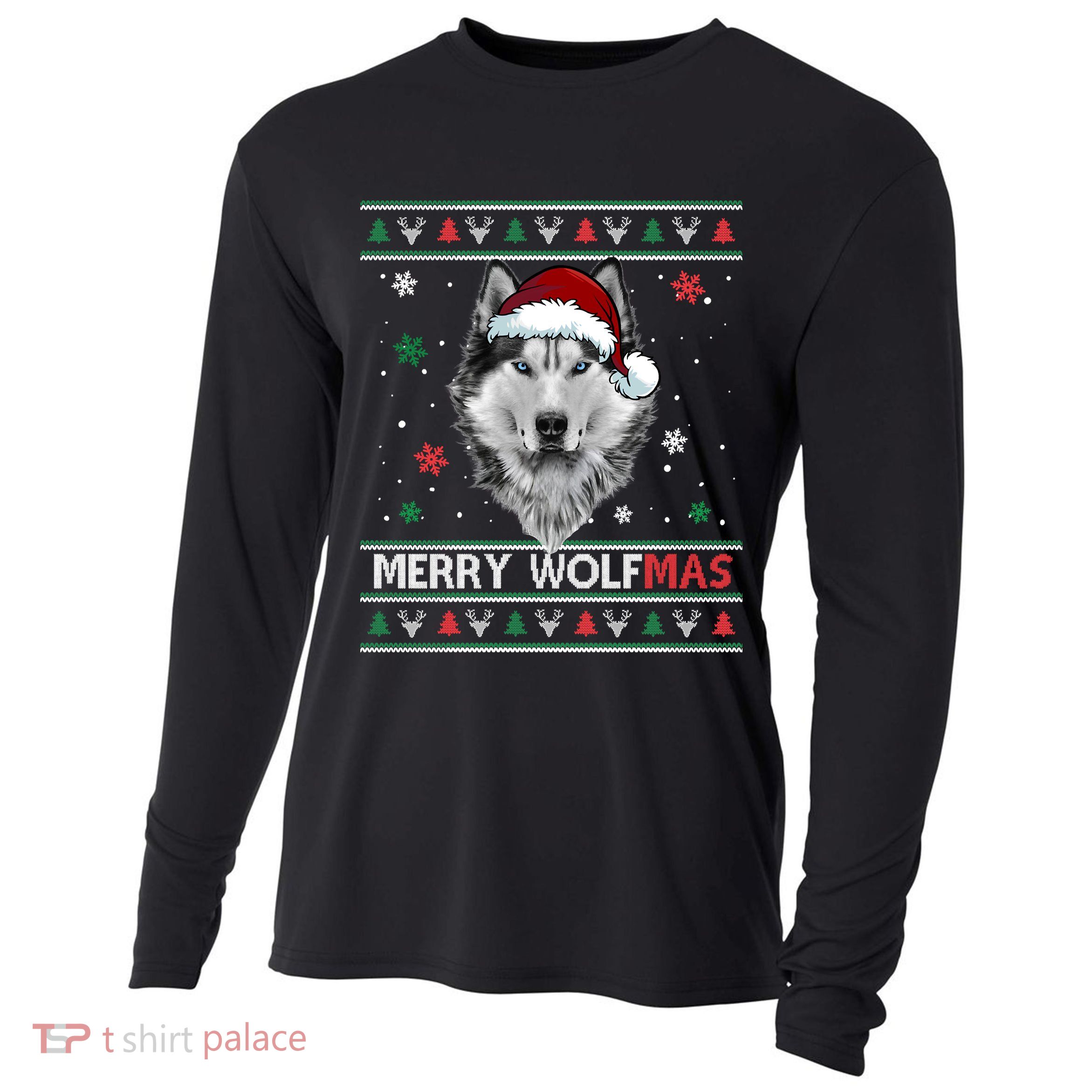 Merry Wolfmas Merry Christmas Wolf Ugly Sweater Funny Xmas Cooling Performance Long Sleeve Crew