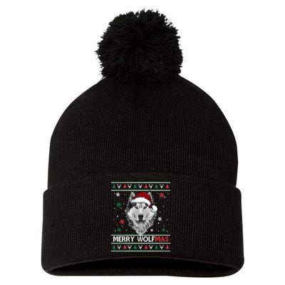 Merry Wolfmas Merry Christmas Wolf Ugly Sweater Funny Xmas Pom Pom 12in Knit Beanie