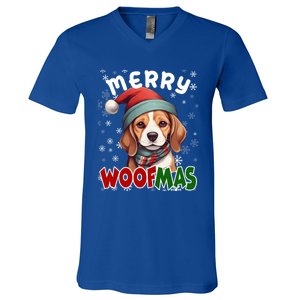 Merry Woofmas Merry Christmas Funny Beagle Dog Mom Puppy Meaningful Gift V-Neck T-Shirt