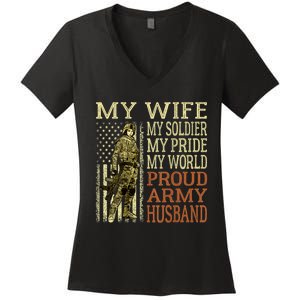 My Wife My Soldier Hero Funny Gift Proud Army Husband Military Spouse Women's V-Neck T-Shirt