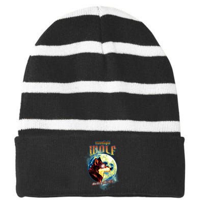 Moonlight Wolf Striped Beanie with Solid Band